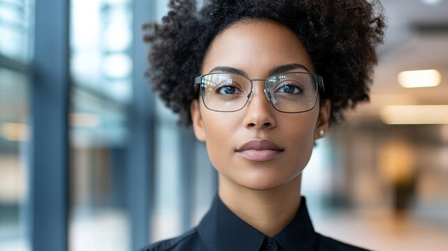 Tight close-up portrait of a visually impaired female professional wearing subtle AI-powered smart glasses in a contemporary workplace, confident natural expression, accessibility