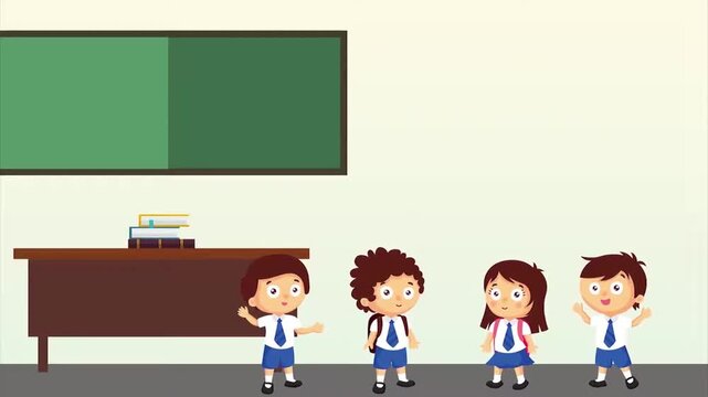 Happy school children standing together in classroom with chalkboard vector animation motion clip