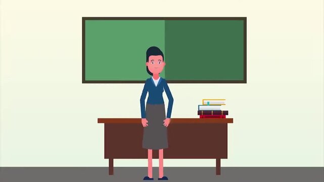 Animated teacher waving hello inside classroom vector motion footage clip for education and e-learning projects