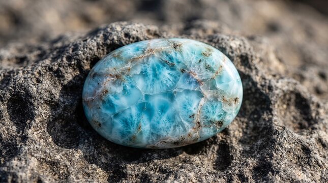 Larimar stone with a polished oval shape sits on a textured piece of volcanic basalt rock.