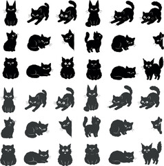 Obraz premium Set of Black Cat Illustrations: A collection of diverse black cat illustrations showcasing various poses, moods, and actions, from playful stances to mysterious silhouettes.