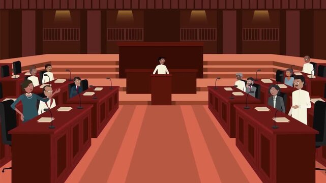 Politicians debating inside modern legislative assembly hall during parliamentary session meeting animation stock footage clip