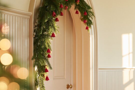 Norfolk pine garland draped over a paneled plaster arch with red bell ornaments and warm sunlight in an elegant holiday interior with architectural details and festive decor