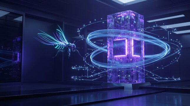 Abstract digital cube with glowing light lines and wings