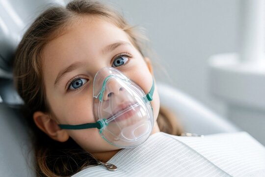 Little girl wears oxygen mask for dental sedation in clinic. Young patient lies on dentist chair during anesthesia preparation. Pediatric dentist uses gas for painless tooth treatment. Child prepares