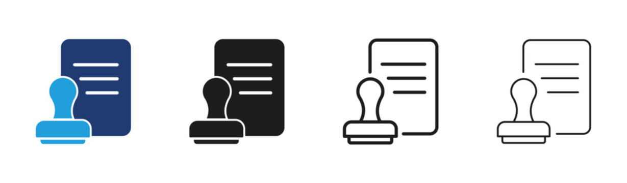 Set of rubber stamp and document icons, notary or approval symbol, official paper with stamp, vector illustration