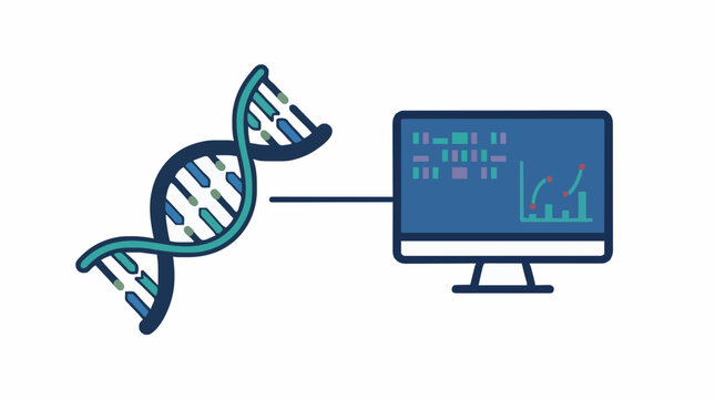 Genetic data analysis displayed on computer screen with dna helix connection