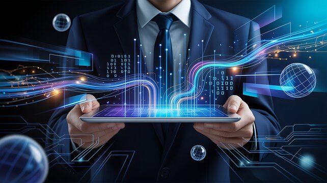 Business and Digital transformation concept.Using digital tablet with big data and networking, internet global network connection, Data science, futuristic, innovative, Abstract technology background