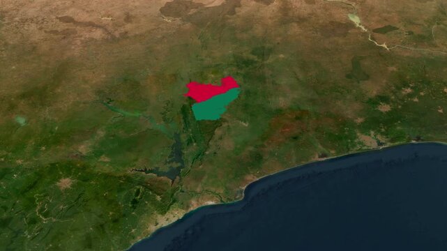 Satellite map animation of Togo with zoom in and zoom out, moving clouds, growing ink-shape waving flag of the country, gradient outline indicating the border. Concept for broadcast, social media.