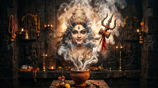 Durga Puja , Goddess Durga photo appearing from incense smoke in temple