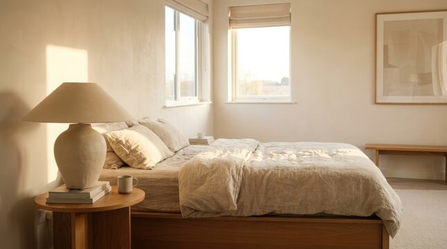Beige linen bedding on wooden bed in sunlit minimalist bedroom with ceramic table lamp. Neutral interior with round bedside table and framed abstract art. Warm cozy home decor.