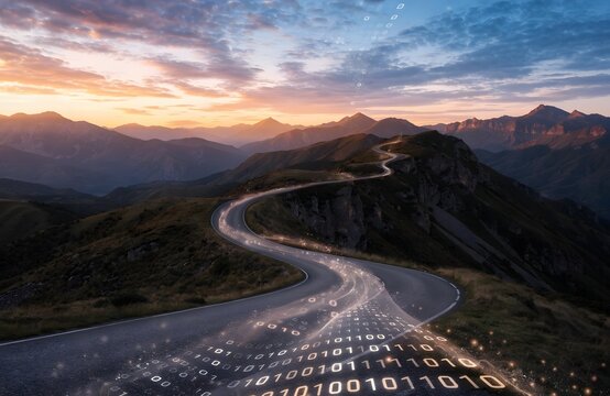 Winding mountain road seamlessly transforming into a digital highway with glowing binary code during sunset