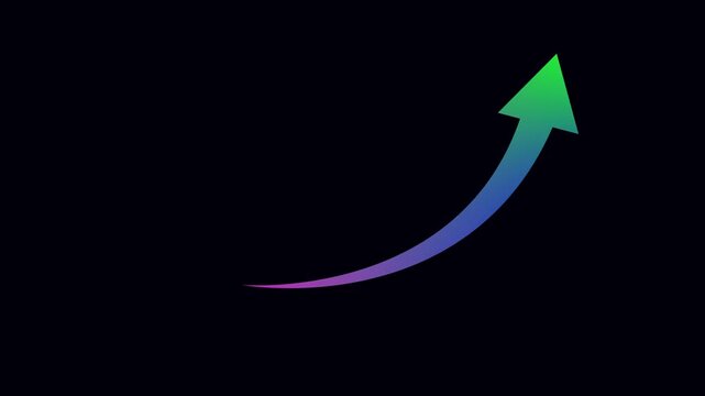 Colorful gradient growth arrow icon set, upward trend curve on black background