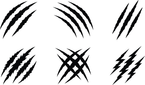 Monster claw marks scratch collection, black wild animal rip slashes, grizzly bear werewolf monster claw scratches isolated graphic