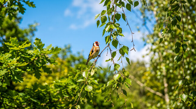 Peque&ntilde;o p&aacute;jaro cantor posado en una fina rama colgante de un &aacute;rbol de hojas verdes, bajo un cielo azul claro en un d&iacute;a soleado de naturaleza.