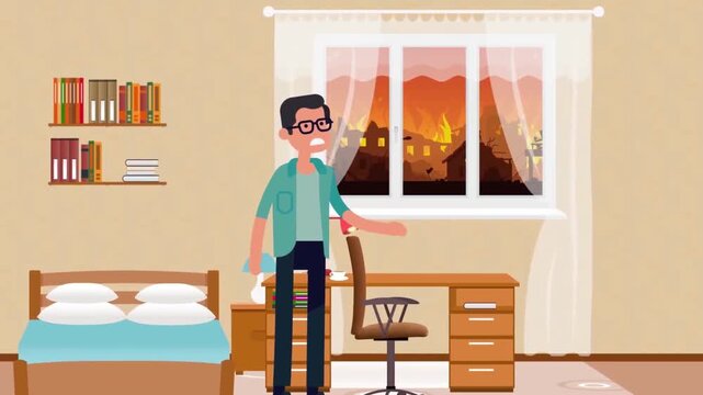 Terrified man watching city burn outside window in cartoon animation stock footage clip
