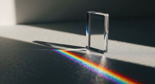 A clear rectangular prism refracts sunlight, casting a vibrant rainbow spectrum onto a shimmering surface