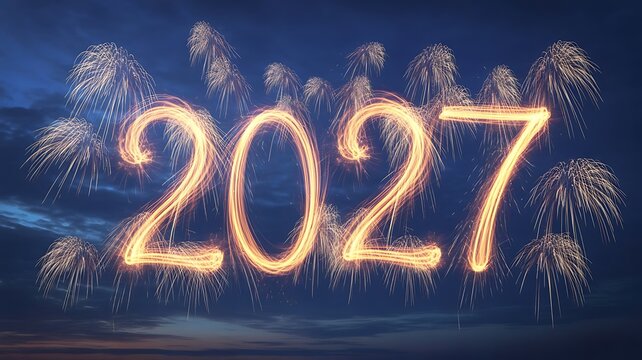 Bright 2027 new year text formed by light painting against a dark blue evening sky with subtle fireworks for festive holiday greeting card