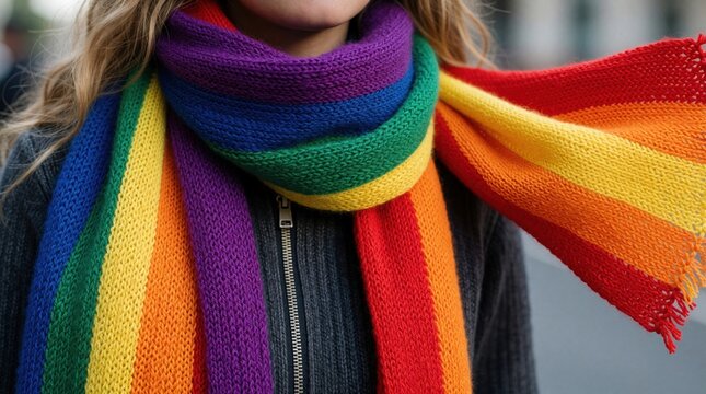 Young woman wears colorful rainbow scarf around neck. Knitted pride flag accessory LGBTQ community, human rights. Person shows queer identity, diversity through bright multi color clothing at pride