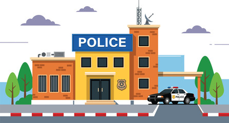 Police station building illustration with patrol car parked outside, urban architecture department facade, municipal security concept for poster design, © MdJafrul