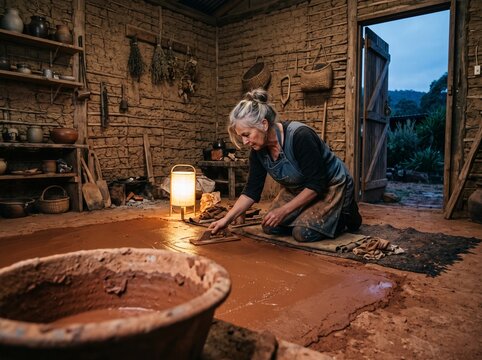 Mature female artisan carefully smoothing wet red clay plaster on an earthen floor inside a rustic cob workshop