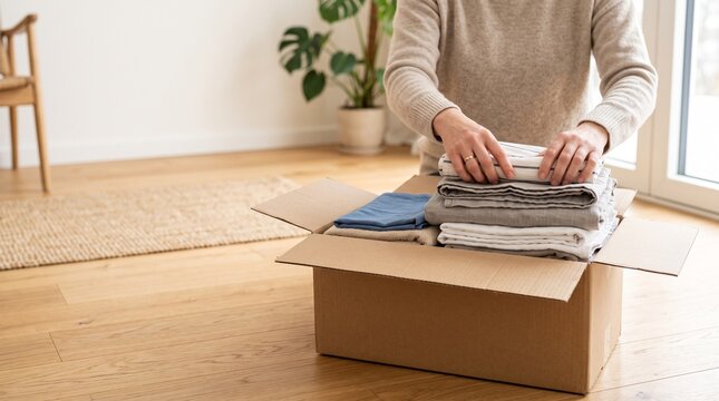 A person folding and packing soft clothes into a cardboard box during a home relocation process