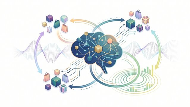 Personalized E-Commerce Shopping Analytics Vector with AI Brain Core and Product Recommendation Clusters