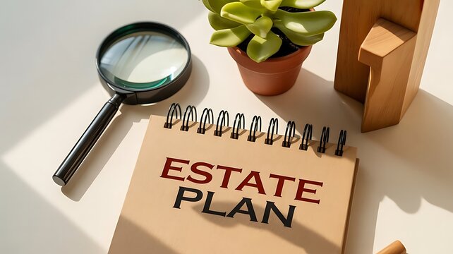 Estate plan document on spiral notebook with magnifying glass and succulent plant on desk for legal planning and financial inheritance strategy