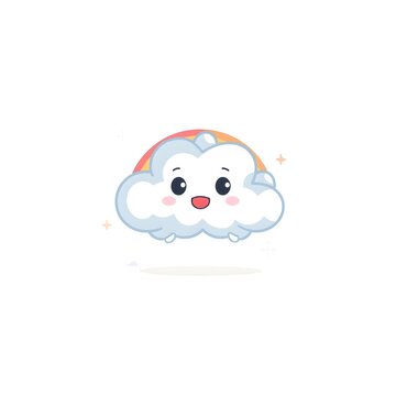 Minimalist vector illustration of a friendly cartoon cloud character holding a colorful rainbow arch, isolated on white background