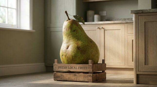 Oversized giant pear in wooden crate labeled fresh local fruit on kitchen floor. Surreal oversized produce in farmhouse interior. Weird wins, giant food and scale distortion concept.