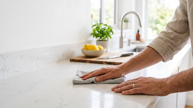 Close-up of a person cleaning a white marble kitchen countertop with a cloth in a bright modern home