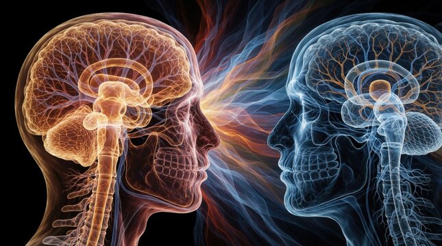 Two human heads face with glowing energy between eyes. Conceptual brain anatomy shows reticular activating system function. Blue, orange light waves connect minds, representing neural connection,