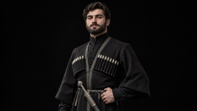Man in chokha traditional warrior costume on black background