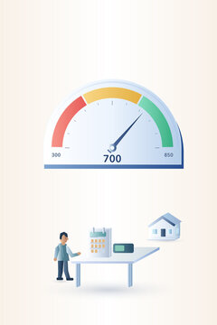 Man planning with a calendar under a 700 credit score gauge, credit habits and homeownership goals