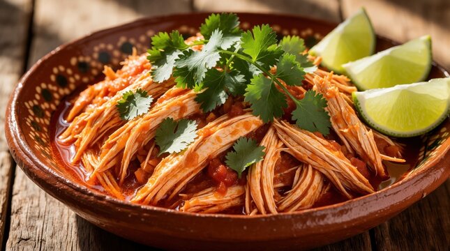 Authentic Mexican chicken tinga in traditional ceramic bowl. Shredded poultry meat cooked in spicy tomato sauce. Fresh cilantro herbs, lime wedges garnish dish. Tasty homemade meal served on rustic