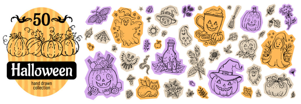 Halloween stickers. Cute pumpkin, skull, apparition, cat, spider collage. Cutout collage sticker set. Happy Halloween border element. Doodle scary bat, skeleton, ghost, pumpkin. Retro crayon vector bg