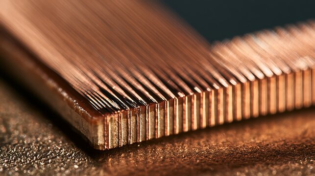 Macro view of stacked copper metal sheets for industrial engineering.