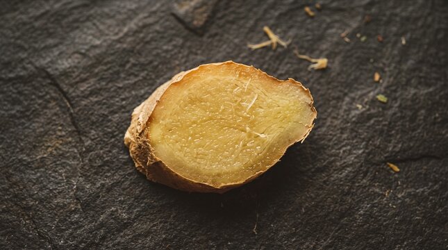 Fresh ginger root slice resting on a dark textured stone surface