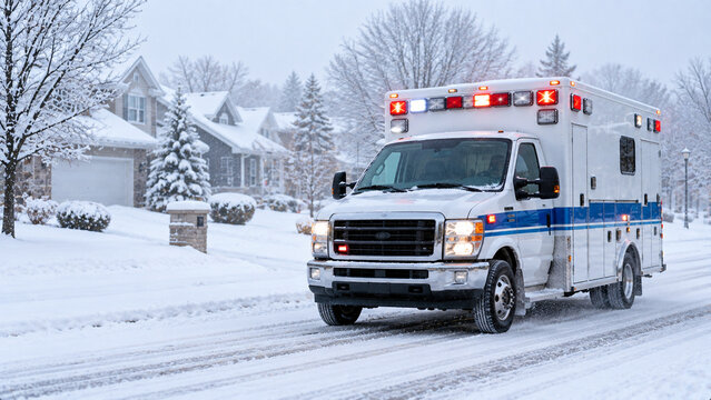 Ambulance Responding to Emergency on Snowy Residential Road in Winter