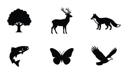 Fototapeta premium Nature Wildlife Icons Set, Forest Animals, Flying Birds, Fish, Butterfly Silhouettes, Vector Graphics