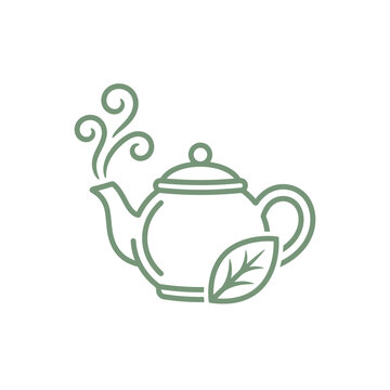 Simple line drawing of a steaming teapot with a leaf decoration.
