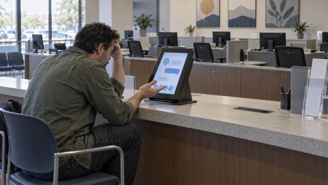 Frustrated man using chatbot terminal at service counter