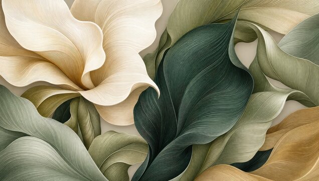 Abstract floral pattern featuring flowing organic leaves in cream green and golden tones creating elegant sophisticated aesthetic for luxury wall decor designs.