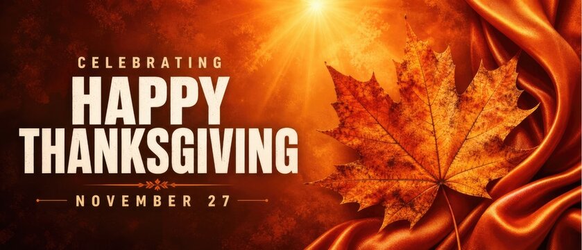 Warmly lit happy thanksgiving banner with a detailed autumn maple leaf, celebrating holiday season with text and festive background.