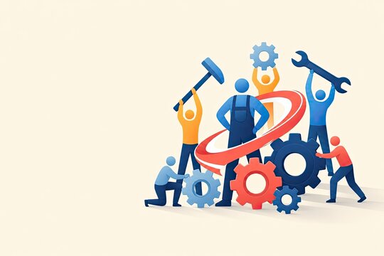 Collaborative team of people with tools and gears working together, symbolizing partnership, maintenance, and teamwork for business success.