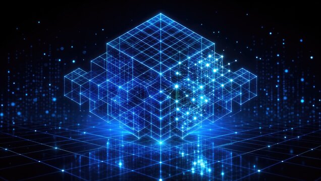 Abstract data visualization with blue glowing cube connected by illuminated lines and dots, representing digital network information for modern concepts.