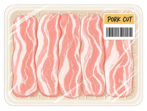 Fresh raw pork belly strips arranged neatly inside plastic tray packaging featuring barcode sticker label isolated for supermarket meat section product display.