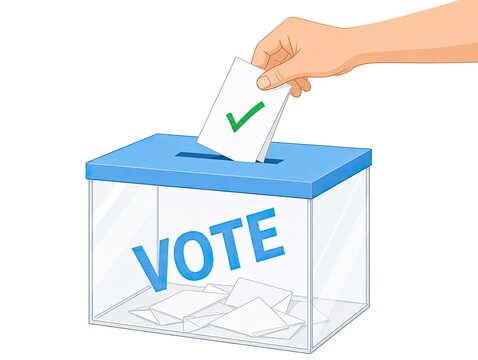 Illustration of hand casting vote into clear ballot box with green checkmark on ballot, symbolizing democratic election process.
