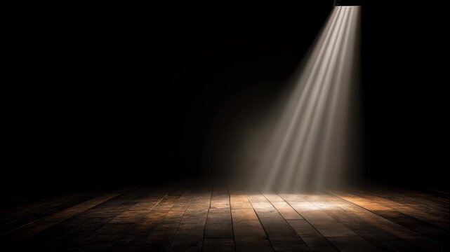 Spotlight shining down on an empty dark wooden stage floor