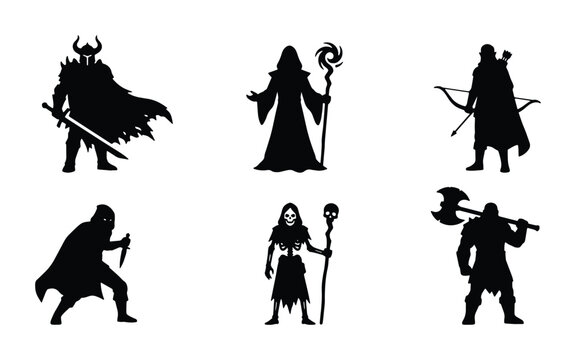 Fantasy Warrior Silhouettes, Medieval Knight, Mage, Archer, Skeleton, Barbarian, Vector Icons for Game Design